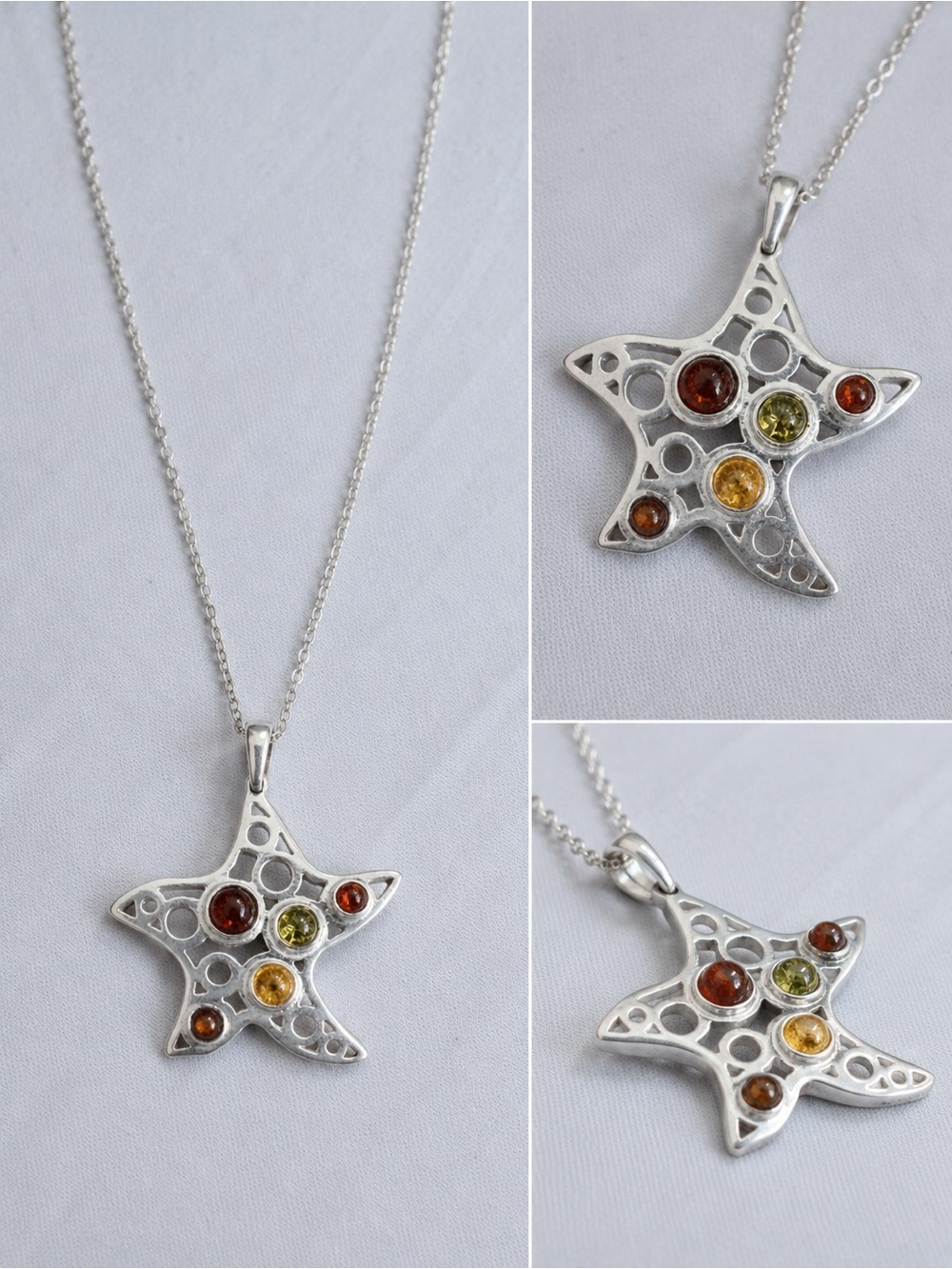 Sterling Silver Star Pendant Necklace with Amber and Peridot Stones